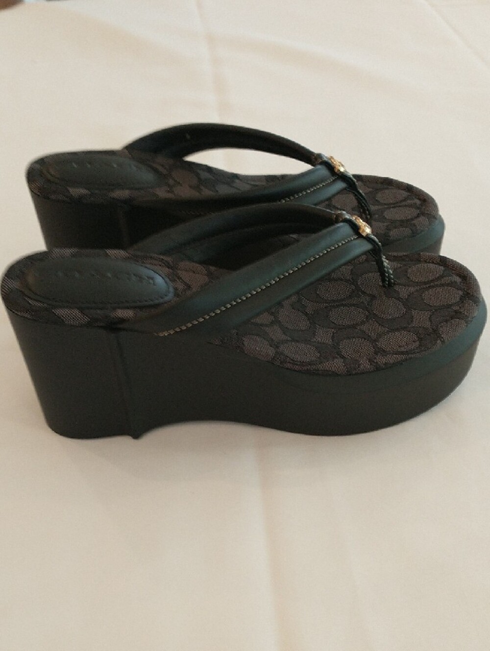 Coach Black Signature Wedge Flip Flops - Picture 3 of 5